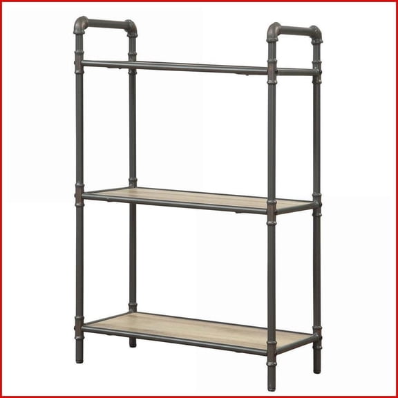 Industrial Wood & Metal Bookshelf, Antique Oak/Sandy Grey, 36.5"H x 26.5"W x 14.5"D | Wood+Metal | Industrial