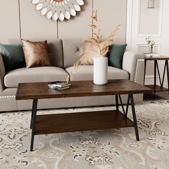 Industrial Wood Table Set for Living Room, Coffee Table and Side Table with 2-Tier Storage Shelves for Bedroom, Office - Black Metal Frame & Dark Walnut Pine