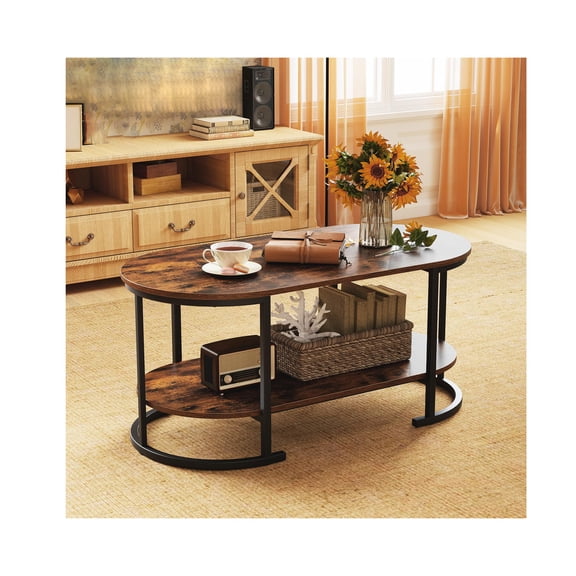Industrial Wooden Oval Coffee Table, Mid Century 2-Tier Center Accent Tea Table with Open Storage Shelf and Heavy-Duty Metal Frame, Cocktail Table for Living Room Study Home Office, Rustic Brown