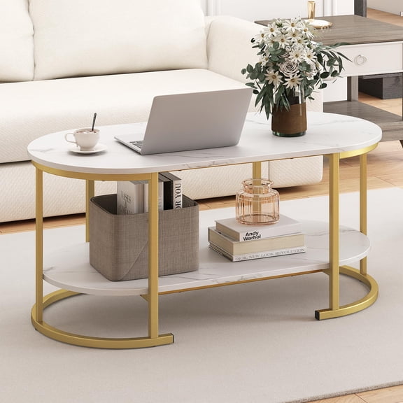 Industrial Wooden Oval Coffee Table, Mid Century Center Accent Tea Table with Open Storage Shelf & Heavy-Duty Metal Frame, 2-Tier Cocktail Table for Living Room Study Home, Rustic Brown