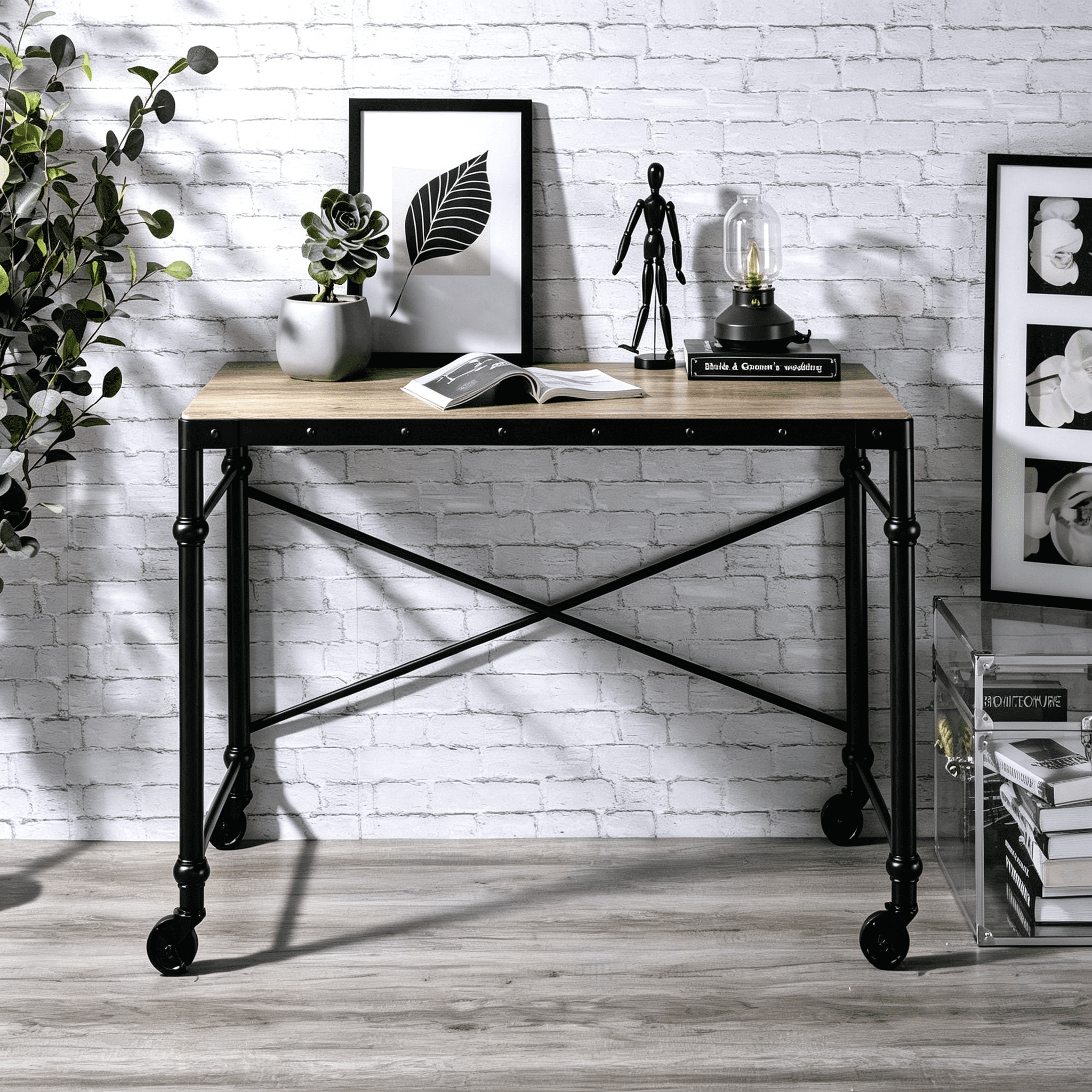 Industrial Writing Desk with Wheels, 47 in Wooden Tabletop, Metal Frame, 70 lb Weight Limit, Mobile Home Office Study Desk