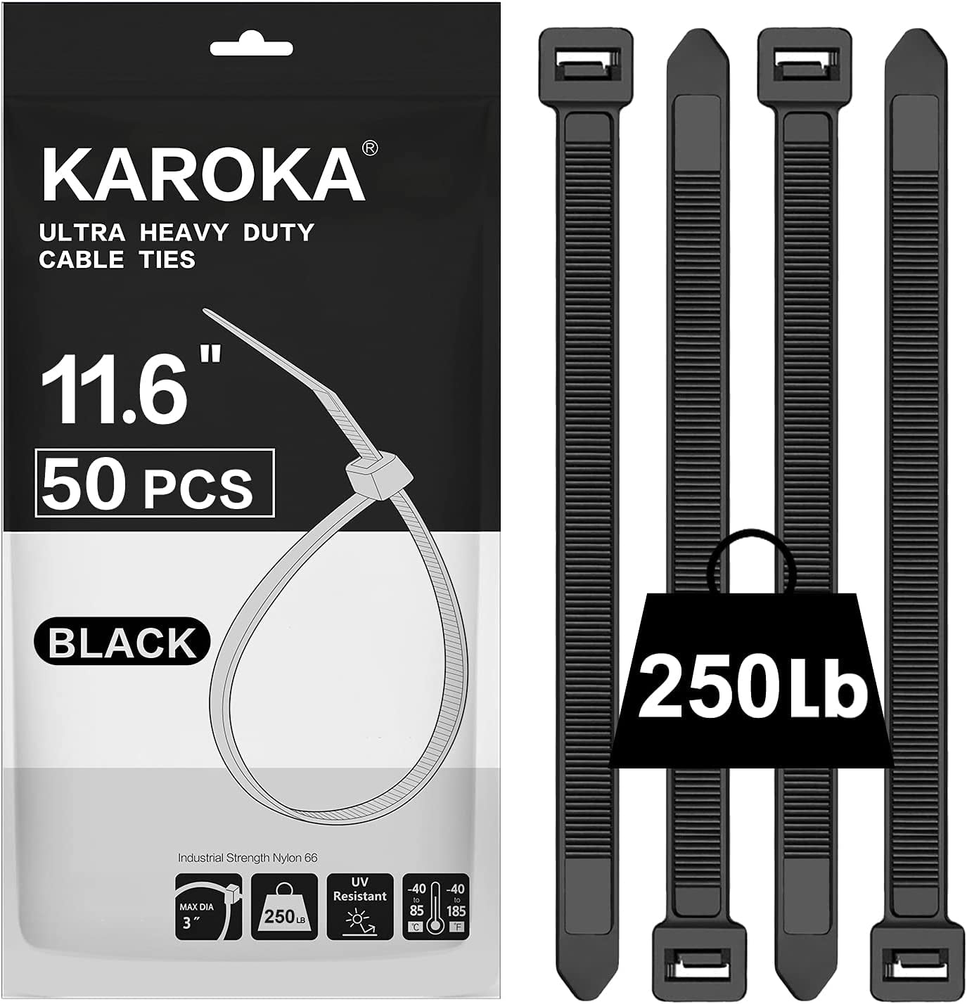 Industrial Zip Ties Heavy Duty with 250 lbs Tensile Strength, 11.6 inch, Electrical Cable Ties Heavy Duty, 50 Pieces, Wide and Thick Zip Ties, by