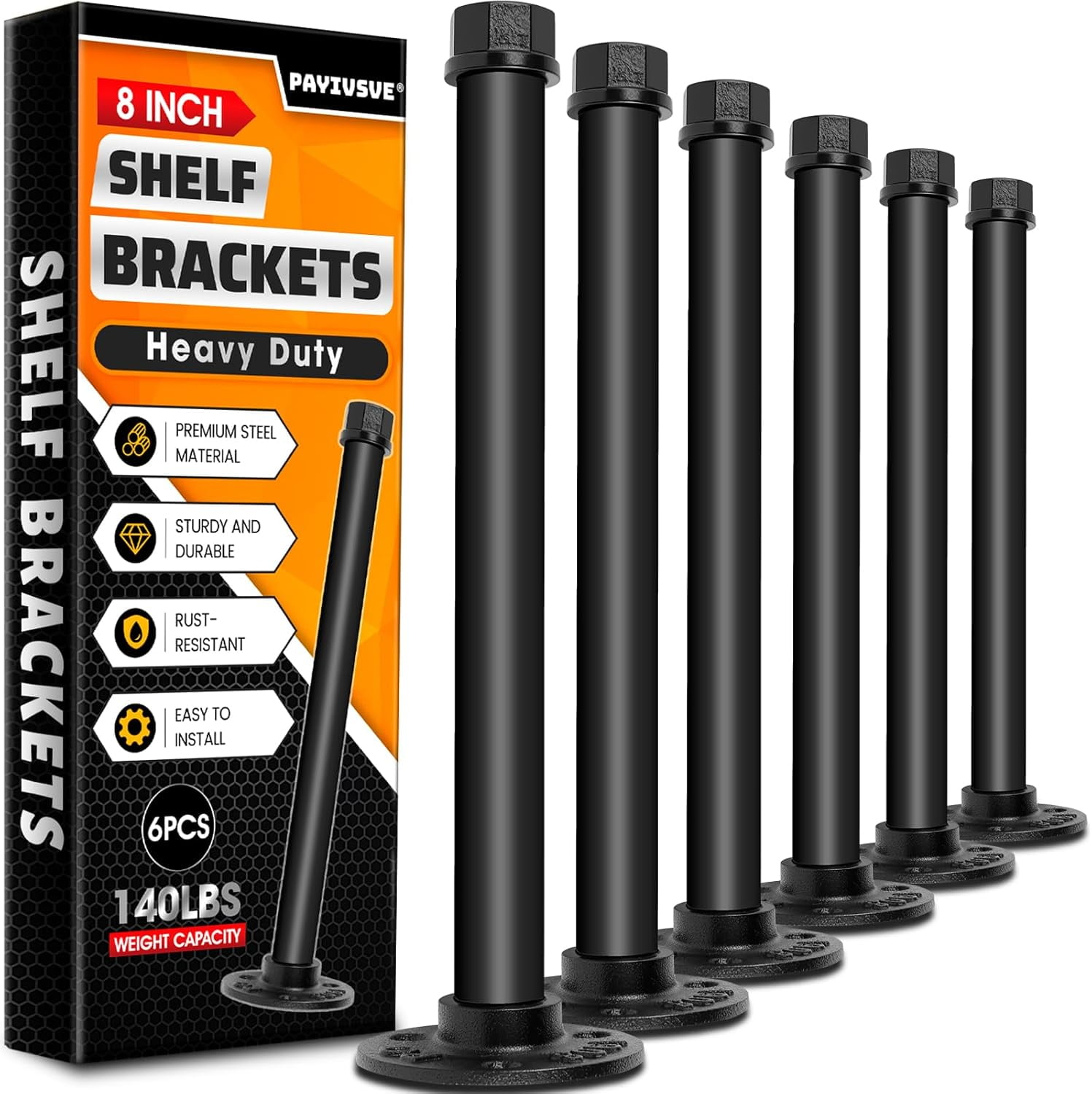 Industrial pipe shelf bracket 8-inch, black floating shelf bracket heavy-duty decorative vintage shelf hardware, 6-pack