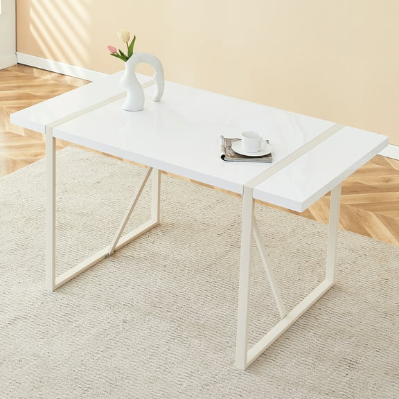 Industrial rectangular MDF Cream style dining table for 4-6 people with 1.5 inch thick MDF top and white metal legs frame for work desk, kitchen, terrace, dining room