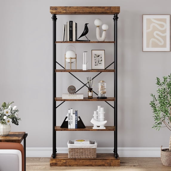 Industrial style Bookshelf Wood Bookcase 6 Tier Storage Open Rack Shelf with Metal Frame,Display for Bedroom,Living Room and Home Office