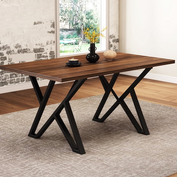 Industrial-style Dining Table With Walnut Finish & Metal Base, 58.27" W X 35.5" D 28.6" H Legged In Color For Home, 28.6