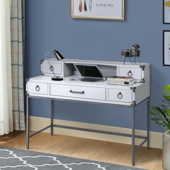 Industrial-style Work Table In Grey And Gunmetal, 3 Drawer Compartment, Strong Metal Frame Chic Industrial Desk With Gunmetal Finish, Cabinet, Construction