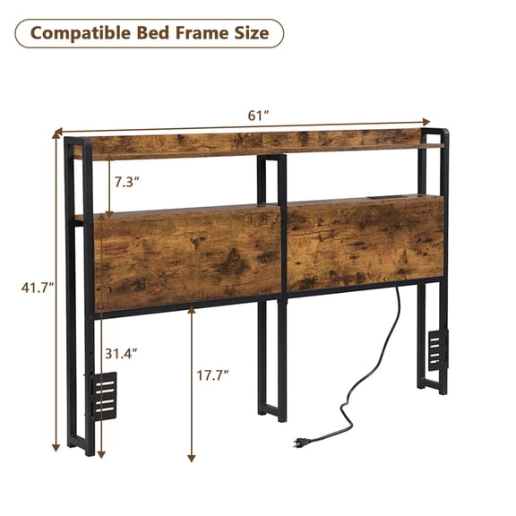 Industrial style queen bed base with LED lights and 2 USB ports, equipped with a 2-tier storage headboard and sturdy support legs, more solid and quiet, no box spring required