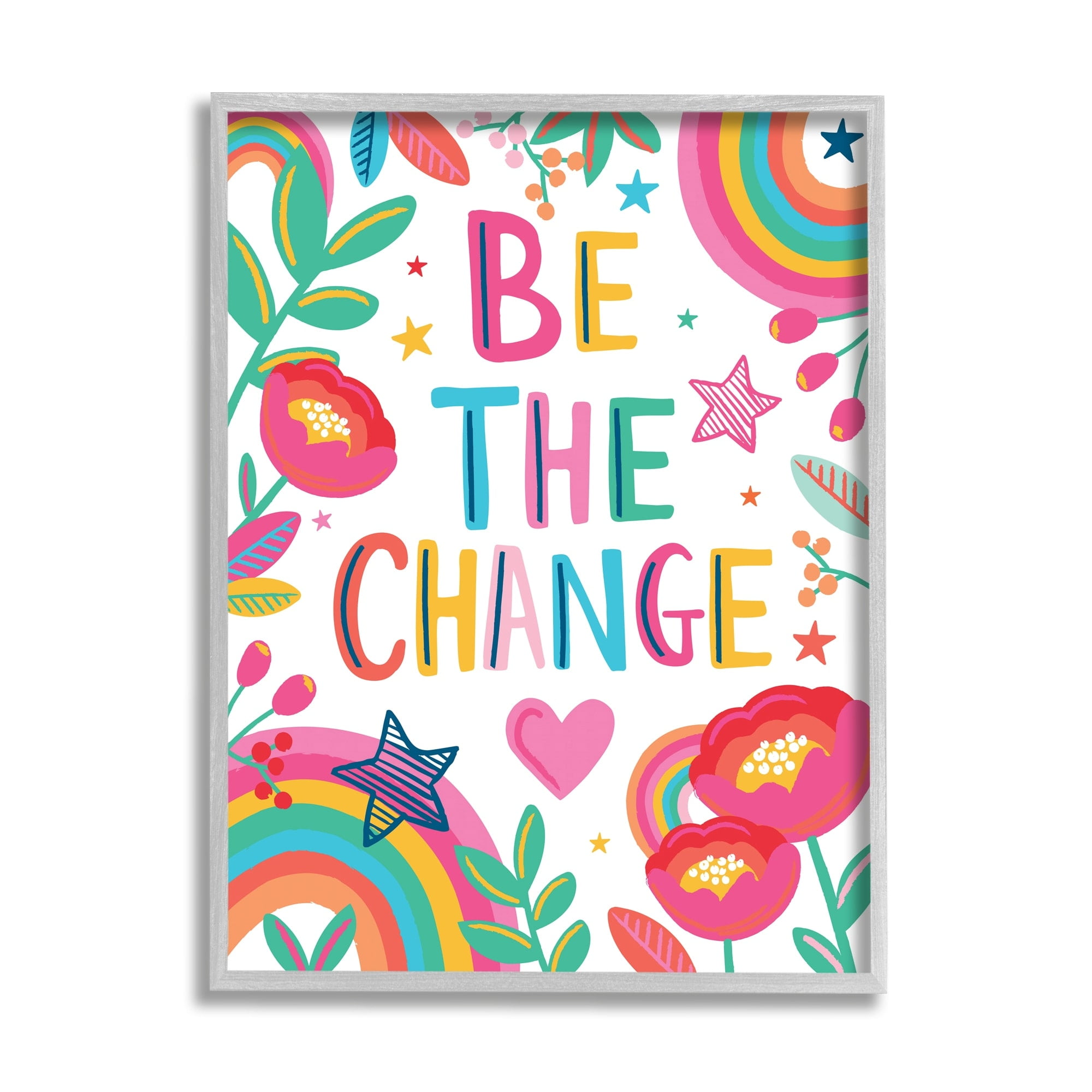 Stupell Industries Be The Change Phrase Rainbow Stars and Flowers,16 x 20,Designed by Lisa Whitebutton