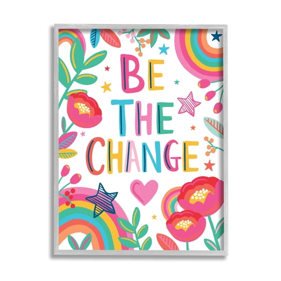 Stupell Industries Be The Change Phrase Rainbow Stars and Flowers,16 x 20,Designed by Lisa Whitebutton