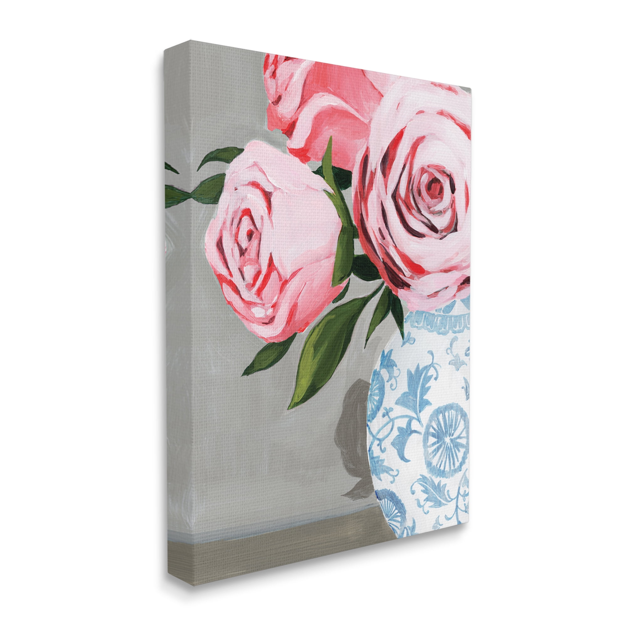 Stupell Industries Blossoming Pink Roses in Ornate Blue Vase,30 x 40,Designed by Grace Popp