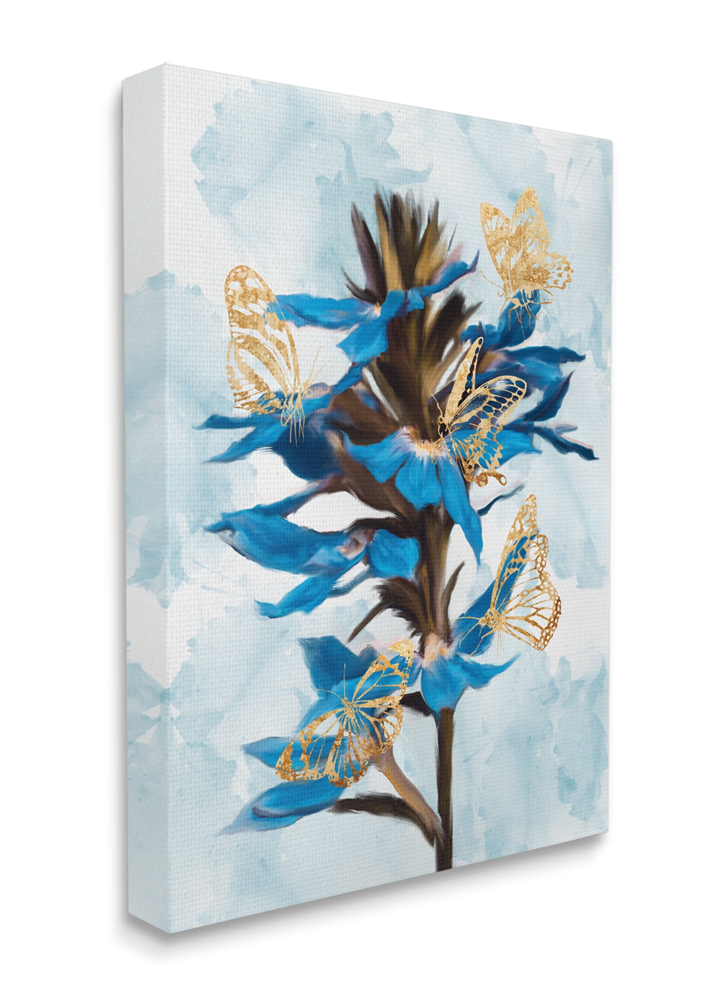 Industries Blue Tropical Floral Blooming Gold Butterfly Outlines 16 in x 20 in Painting Canvas Art Print, by Stupell Home Décor