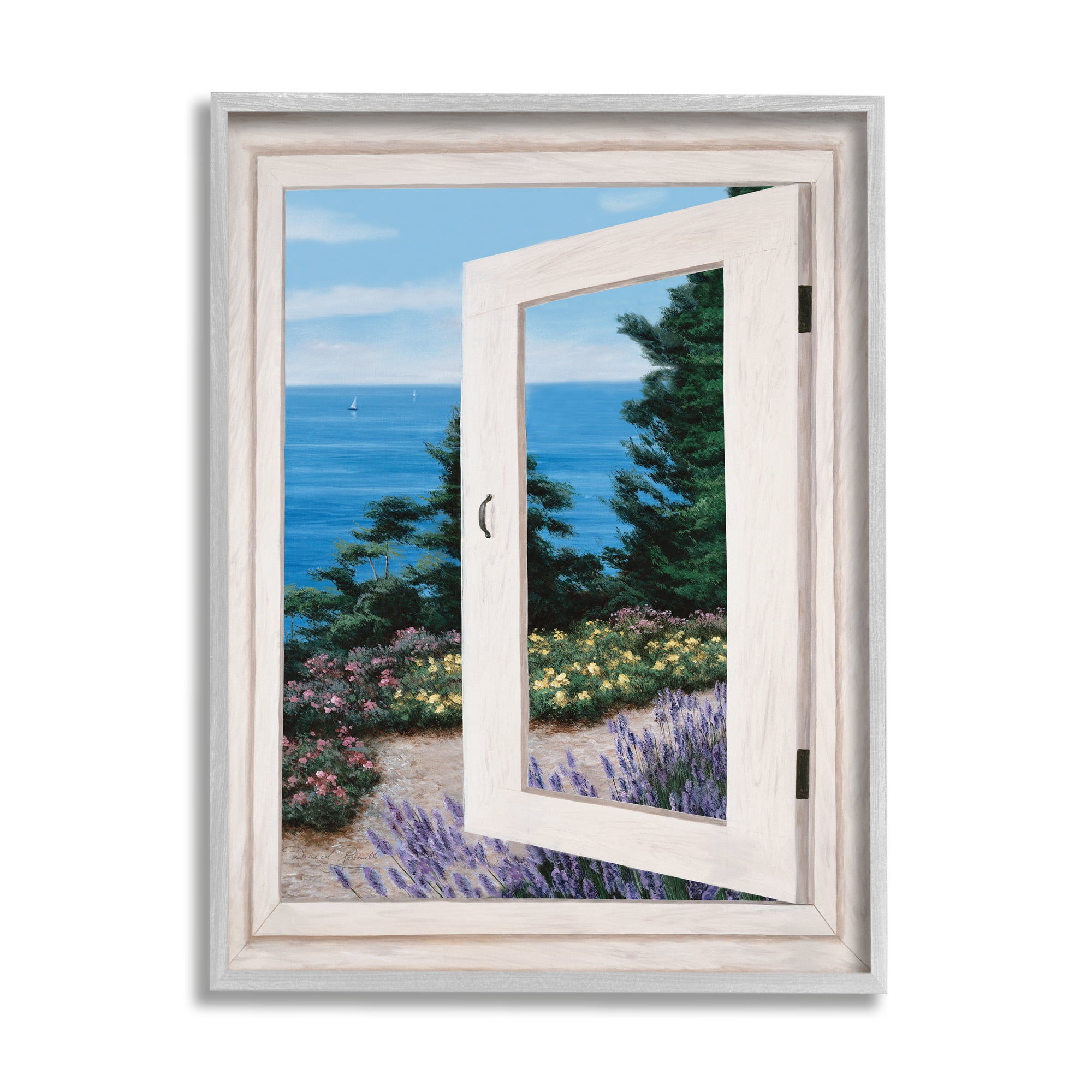 Industries Coastal View From Window Distant Boats on Ocean 16 in x 20 in Framed Painting Art Prints, by Stupell Home Décor