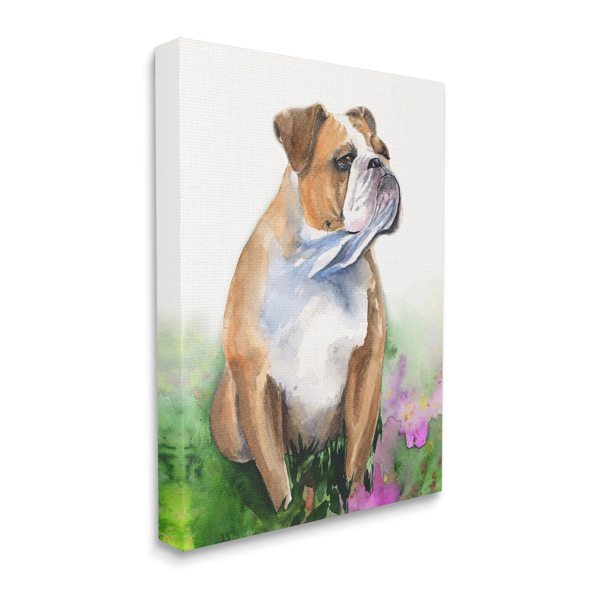 Industries English Bulldog Grassy Florals Soft Watercolor Portrait 36 in x 48 in Painting Canvas Art Print by Stupell Home Decor Walmart