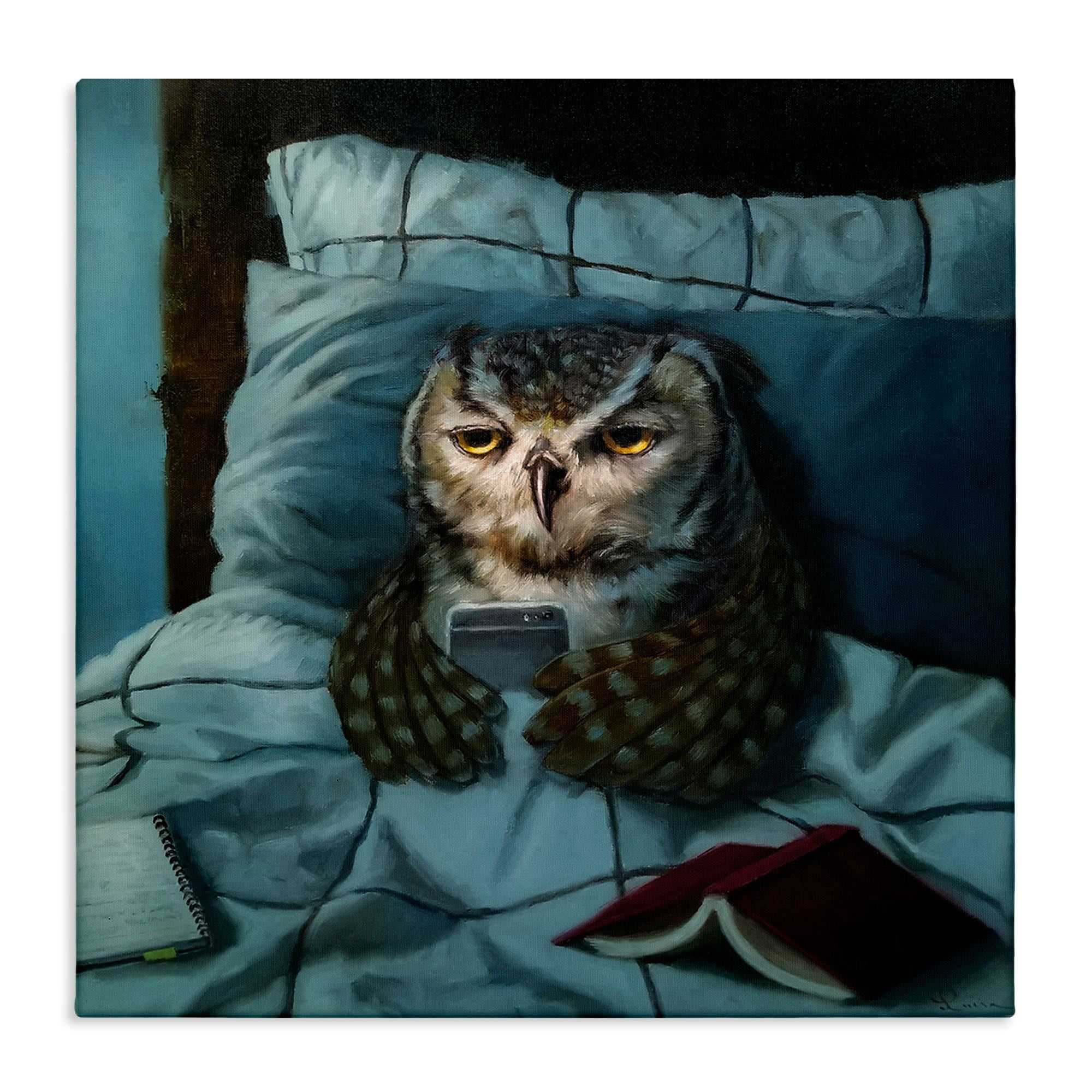 Stupell Industries Night Owl on Phone in Bed Funny Animal,24 x 24,Designed by Lucia Heffernan