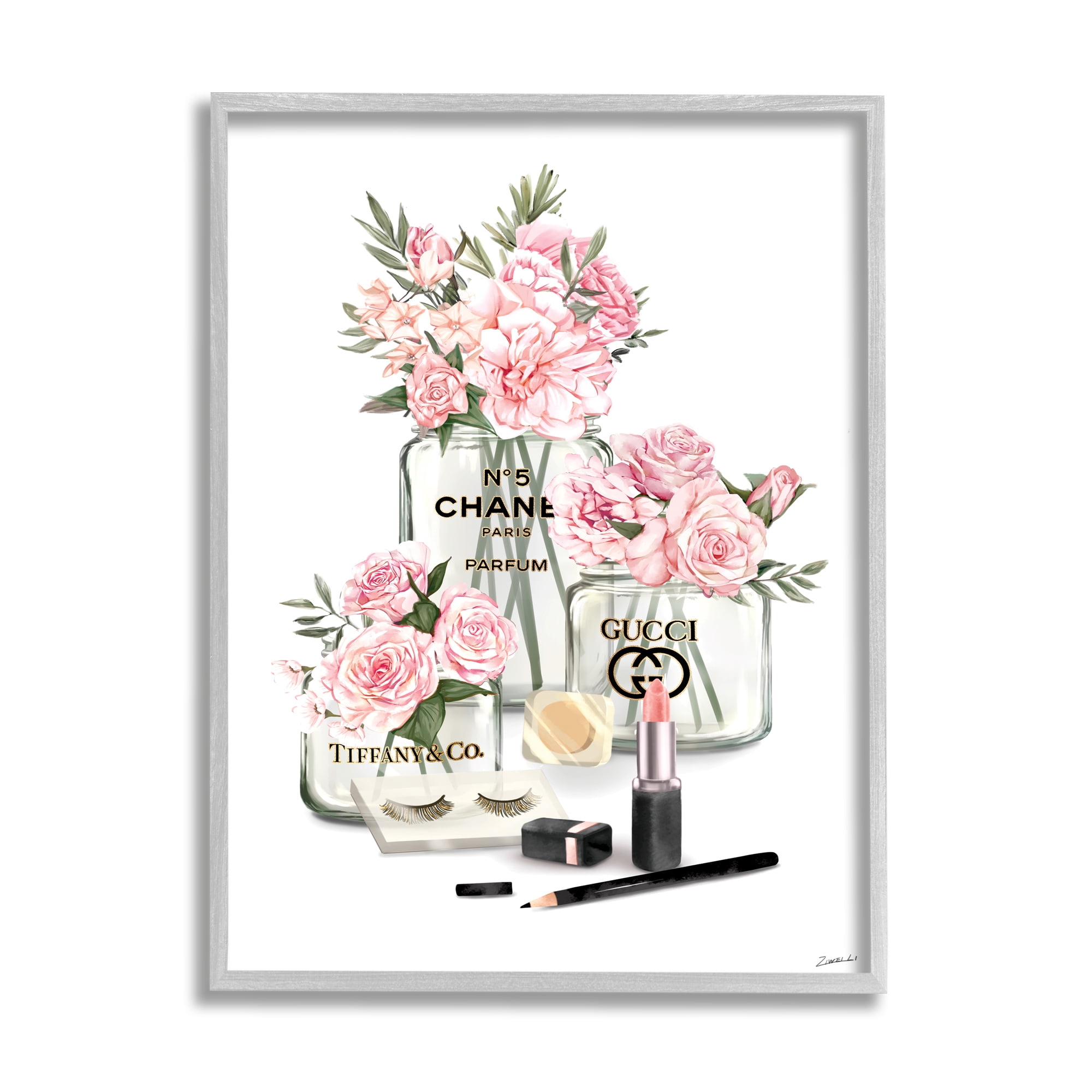 Industries Pink Rose Florals in Glam Fashion Jars 11 in x 14 in Framed Painting Art Print, by Stupell Home Décor