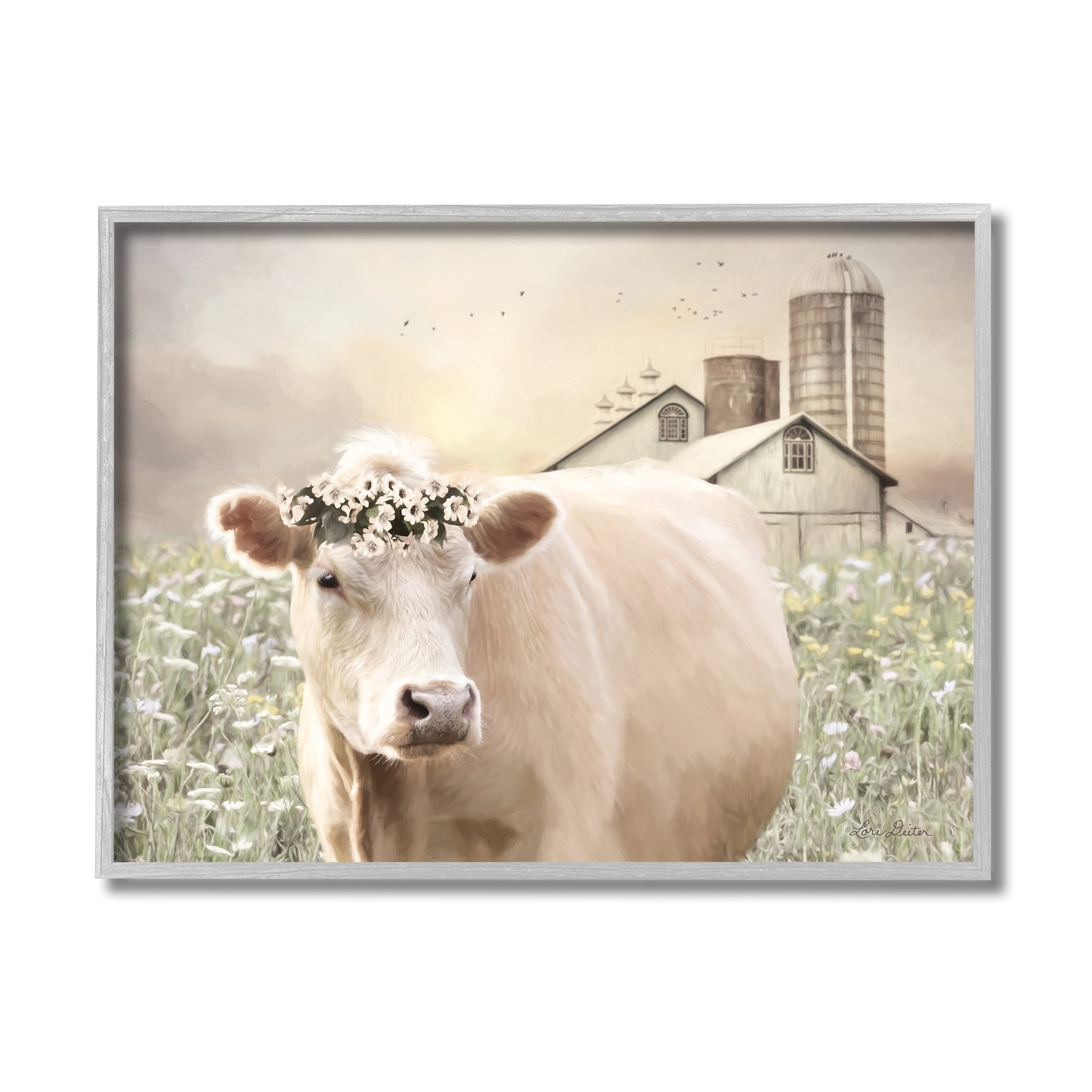 Realistic Cow with Floral Crown on Canvas in Gray Frame