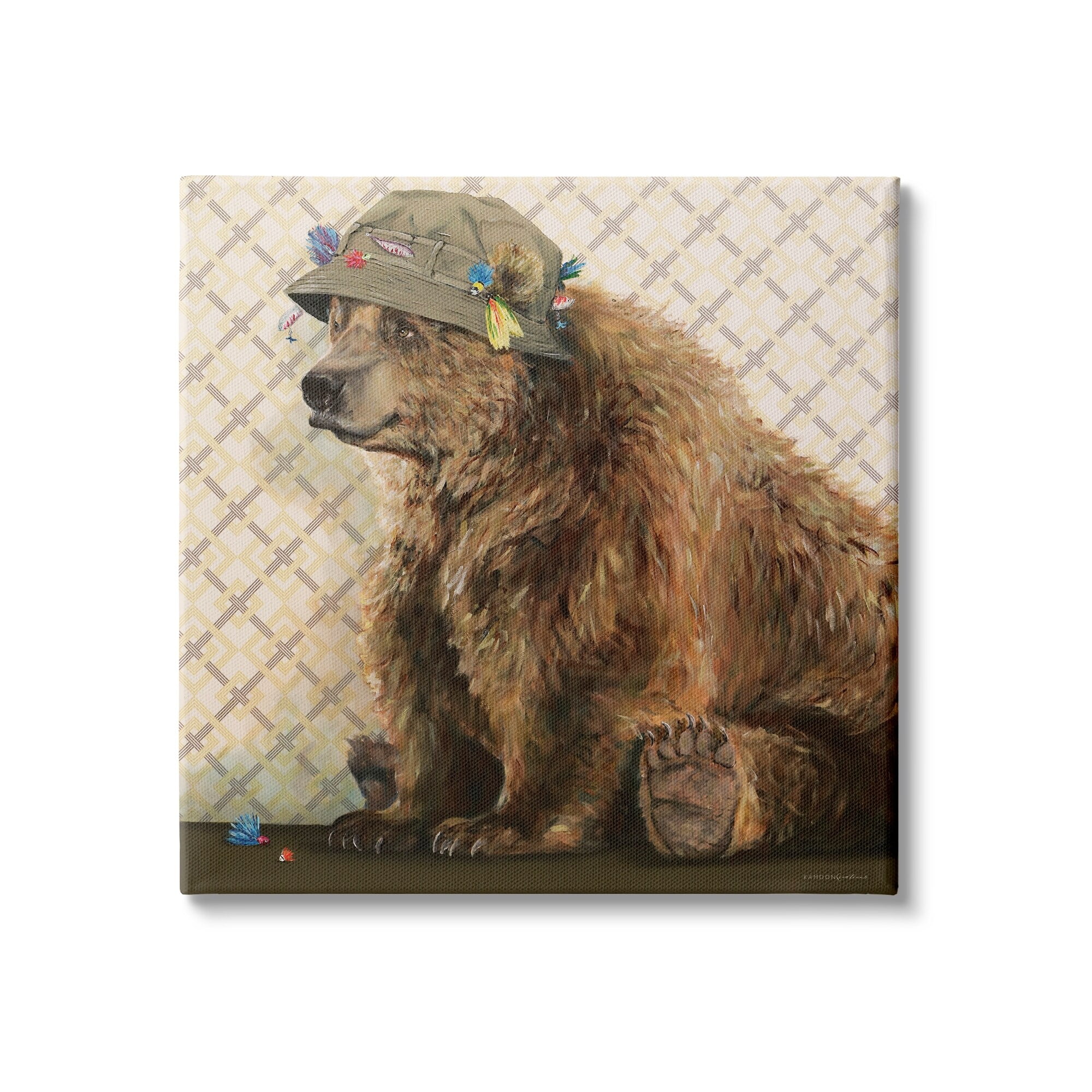 Industries Rustic Brown Bear Wearing Fisherman's Hat Geometric Pattern 24 in x 24 in Painting Canvas Art Print, by Stupell Home Décor
