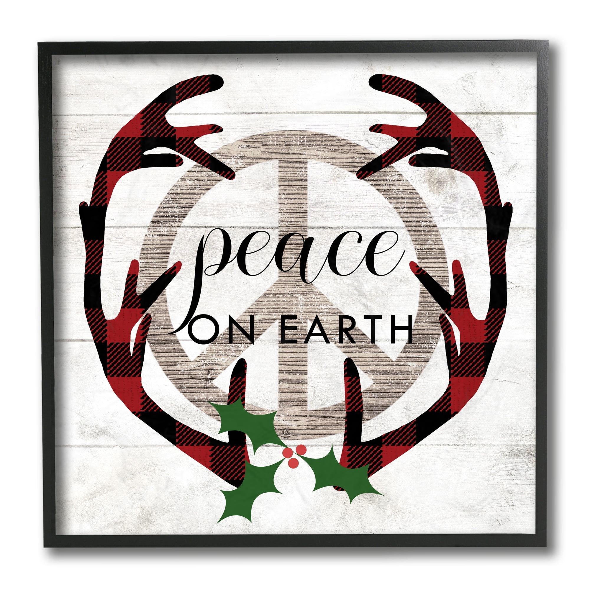 Industries Rustic Peace on Earth Holiday Plaid Antlers Black 12 in x 12 in Framed Painting Art Prints, by Stupell Home Décor