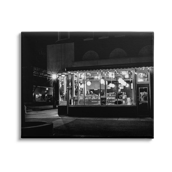 Industries Urban City Diner Architecture Nighttime Black White 30 in x 24 in Photography Canvas Art Print, by Stupell Home Décor