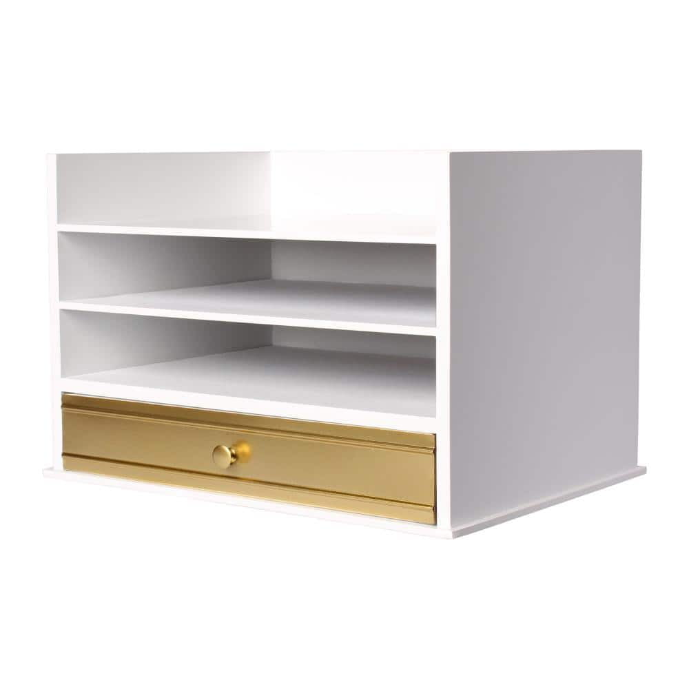 White and Gold Wood Letter Tray with Drawer