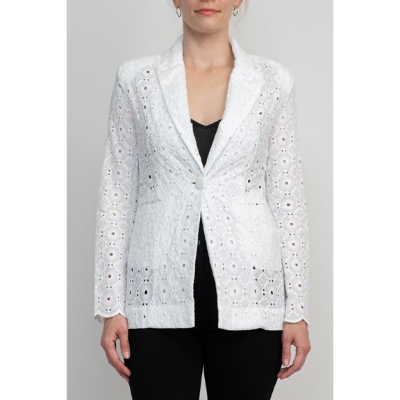 Industry Lapel Collar Long Sleeve One Button Closure Eyelet Lace Jacket-WHITE / 2