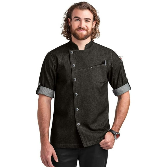 Industry Line Men's Asymmetrical Premium Denim Chef Coat with Mesh Side Panels (Black Denim)