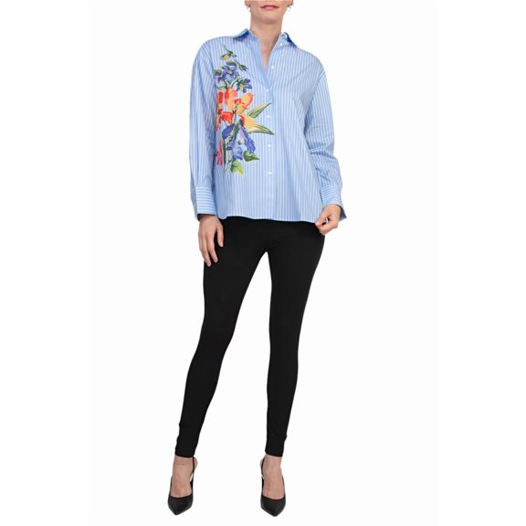 Industry Spread Collar Long Sleeves Striped Floral Detail Button Down Shirt Color: BLUE STRIPE, Size: S