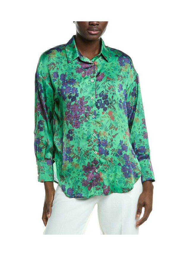 womens    Floral Print Satin Shirt, s, Green