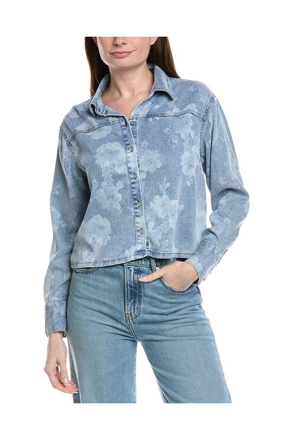 womens  Printed Denim Button-Down Shirt, l, Blue