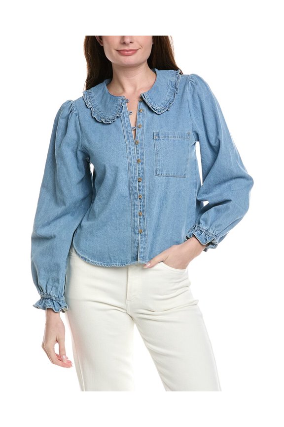 womens  Ruffle Denim Button-Down Blouse, m, Blue