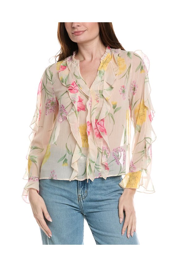 womens  Ruffle Printed Sheer Blouse, m, Pink