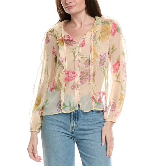 Industry womens Ruffle Printed Sheet Button-Down Blouse, m, Yellow