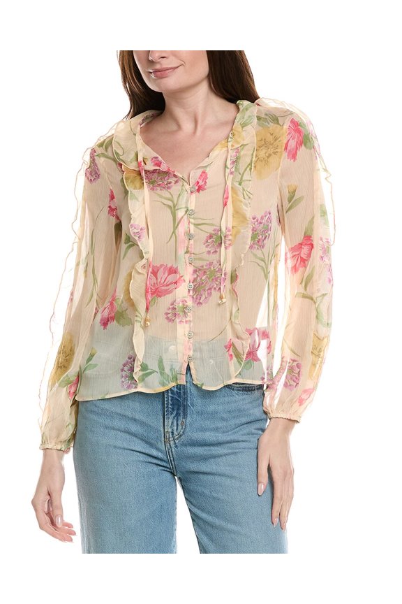 womens  Ruffle Printed Sheet Button-Down Blouse, m, Yellow