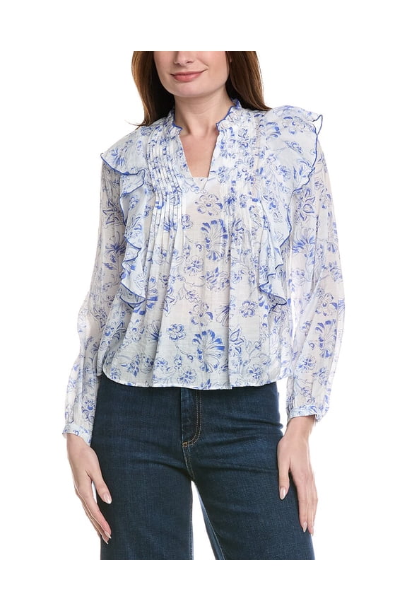 womens  V-Neck Printed Blouse, xs, White