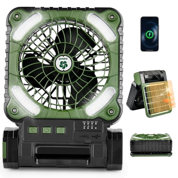 Indwell Solar Camping Fan, Portable fan with Dual Charging, 4 Speeds & 3 Light Levels, Timer & 90° Adjustable, Portable Quiet Desk Fan for Hiking, Hurricane, Outages, Fishing-Green
