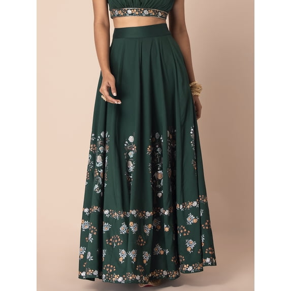 Indya Women's Green Floral Border Print Maxi Skirt