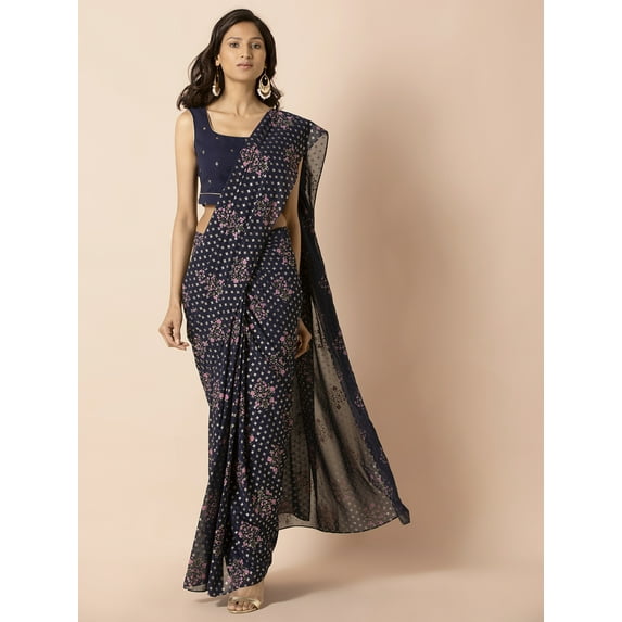 Indya Women's Navy Floral Foil Pre Draped Saree