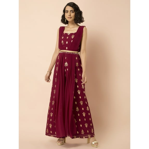 Indya Women's Oxblood Foil Double Dupatta Belted Jumpsuit