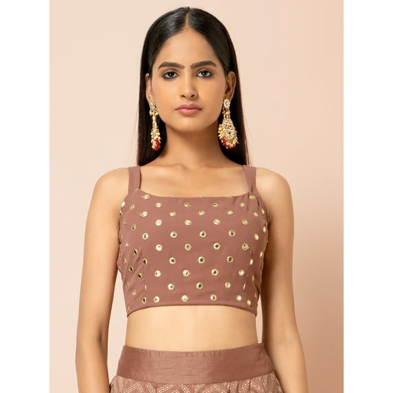 Indya Women's Rose Pink Mirror Work Strappy Crop Top