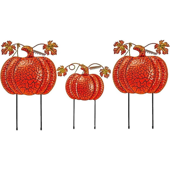 Inelkas Pumpkin Garden Stakes Thanksgiving Autumn Fall Harvest Halloween Outdoor Metal Decor 14" & 11" H S/3 Orange