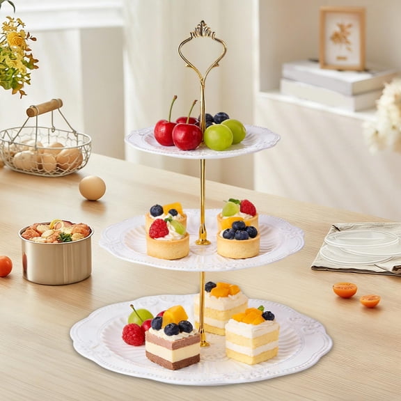 Inerposs 3-Tier Dessert Stand, Multi-Functional Snack Tray, Elegant Fruit Display Rack, Luxury Embossed Cake Holder for Parties and Gatherings