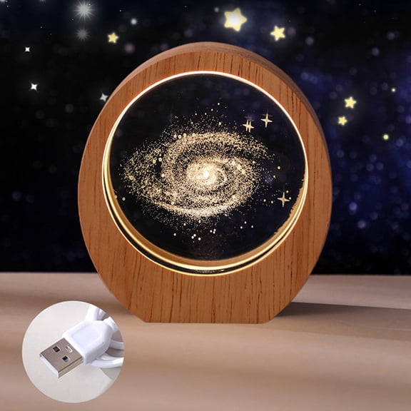 Inerposs 3D Carved Crystal Night Light, Luminous Decorative Lamp, Wooden Base Table Ornament, Unique Birthday Gift for Girls, Soft LED Lighting for Home Decor