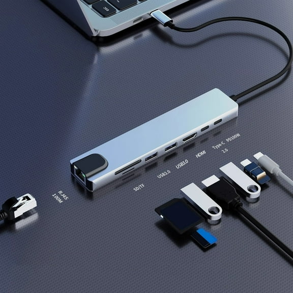 Inerposs 8-in-1 Type C Hub Docking Station, USB 3.0, HDMI 4K, PD 100W Fast Charge, RJ45 Network Connection, Ideal for Laptops, Tablets, and Smartphones