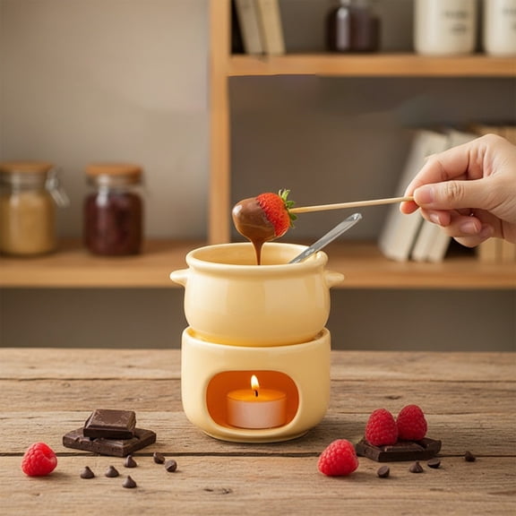Inerposs Ceramic Chocolate Fondue Pot Set, Heatproof Melting Bowl for Cheese, Dessert and Sauces, Compact Design for Home Kitchen, Includes Fork for Dipping Treats