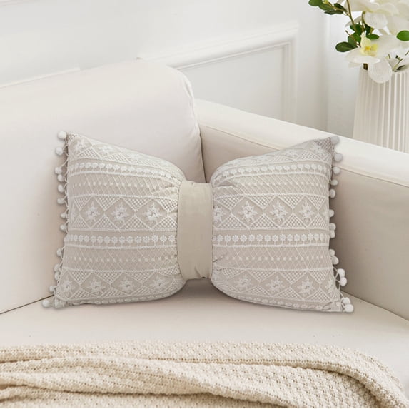 Inerposs Cotton and Linen Floral Bow Pillow - Multi-Purpose Lumbar Cushion, Lace Decoration, Ball Embellishment, Mother's Day Gift