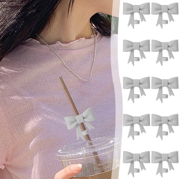 Inerposs Decorative Bow Straw Caps, Flexible Silica Gel Straw Covers, 10mm Diameter Straw Accessories, Secure Closure Straw Tops for Home or Travel, 10 Pcs Set