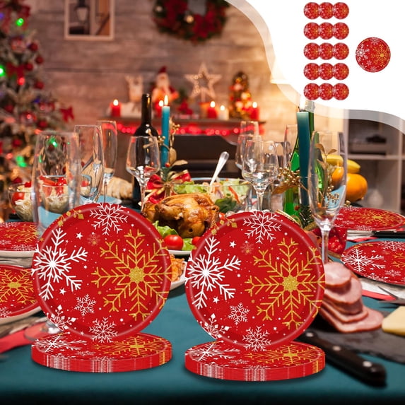Inerposs Disposable Tableware Set, Red Snowflake Christmas Plates and Cups, Festive Party Supplies for Holiday Gatherings, All-in-One Paper Tableware for Easy Cleanup