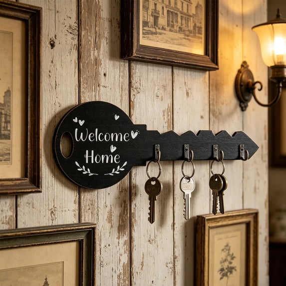 Inerposs Key Shaped Wooden Key Container, Welcome Home Wall Mounted Key Rack, 4 Hooks Organizer for Entryway, Farmstead Decorative Key Holder