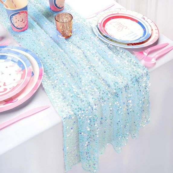 Inerposs 6 FT Blue Table Runner Sequin Glitter Sheer Mesh Fabric Backing Runner 12x72 Inches , Pink Party Table Decoration for Birthday Wedding Bridal Baby Shower Spring Holiday